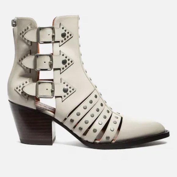 Coach Pheobe White Leather Buckle Cut Rockstud Pointy-Toe Bootie Boots 8 - Picture 2 of 10